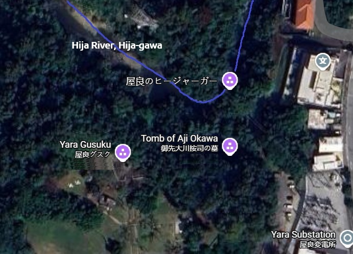 Area map of Yara Gusuku in Kadena, Yara District. Placement of Yara Castle (Ruin), Hija River (Hija-gawa).